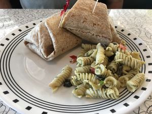 Sweet Luv n hummus. Sweet potato and hummus wrap. Pasta salad side.  at Spiral Diner & Bakery in Dallas