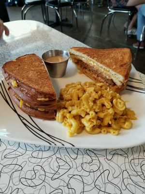 Beyond Burger smashed between two Daiya grilled cheese. at Spiral Diner & Bakery in Dallas