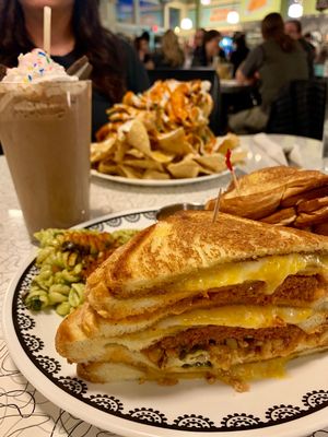 Triple Double Burger - Buffalo Nachos - Cookies & Cream Shake at Spiral Diner & Bakery in Dallas