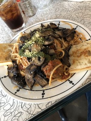 Sketti and meatballs with portabellas at Spiral Diner & Bakery in Dallas