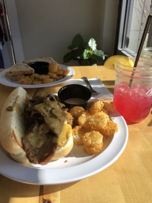 Seitan cheesesteak, patty melt, and berry lemonade at Rutabagas in Lincoln