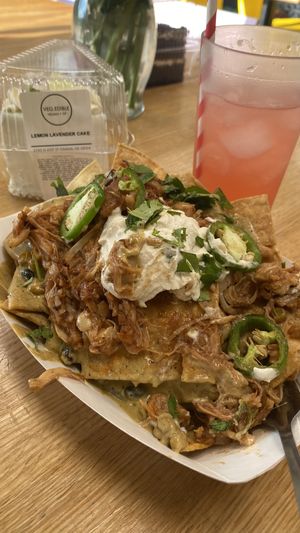 BBQ Jackfruit Nachos- they are the bomb. And a piece of cake! Yummy   at Rutabagas in Lincoln