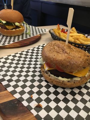 Vegan bonza burger, fries and vegan GF ‘burgered' at Burgers N Shakes in Welland