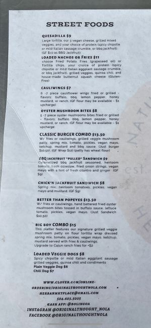 Menu closeup  at Original Thought NOLA in New Orleans