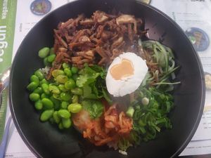 Vegan duck thing with a cute vegan egg at Wagamama - New St in Birmingham
