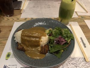 Katsu curry with seitan and a green smoothie.  at Wagamama - New St in Birmingham
