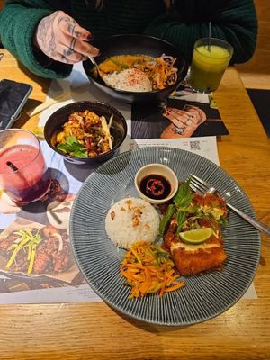 Tender vegan chicken coconut kare, Crispy sambal fried tofu, Bang Bang Cauliflower at Wagamama in Bury St Edmunds