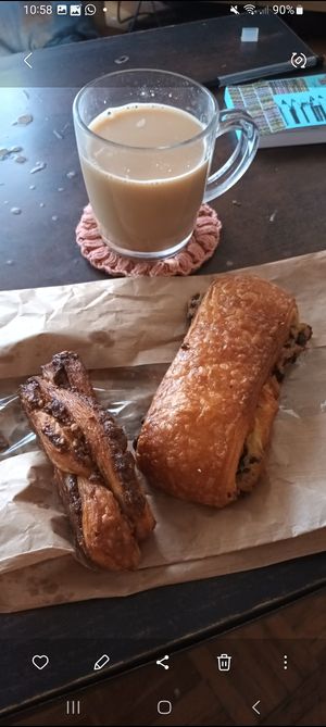 Hazelnut pastry on left, Swiss croissant on right (my take out) at Oh Faon in Marseille