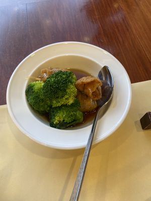 Delicious braised bean curd w broccoli and enoki mushrooms!  at Chi Lin Vegetarian in Kowloon