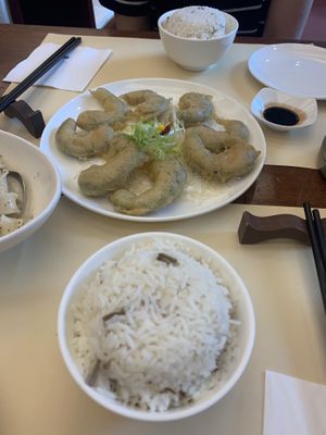 Rice and deep fried pumpkin  at Chi Lin Vegetarian in Kowloon