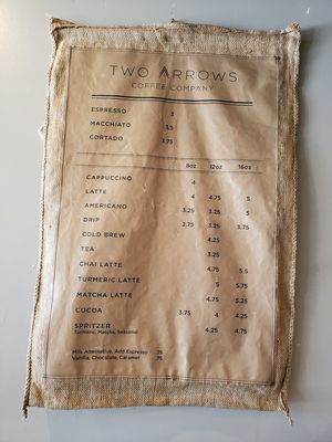 Coffee menu at Two Arrows Coffee in Vail