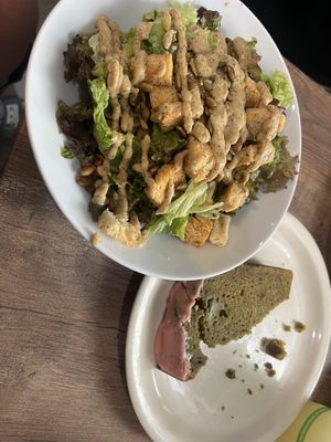 vegan ceaser salad and strawberry matcha loaf  at Ula Cafe in Jamaica Plain