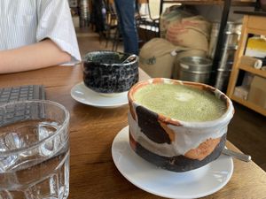 Matcha Latte with pistachio milk  at Cafebrennerei Franze in Vienna