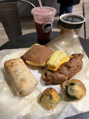 Vegan burrito, vegan deluxe, vegan scrambled, vegan spinach bite  #Veganuary at Gregory's Coffee - 8th Ave in New York City