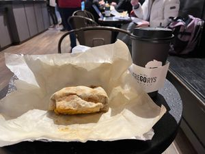 Vegan burrito and medium Fall Oat Boy at Gregory's Coffee - 8th Ave in New York City