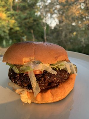 Black bean yam burnt burger  at Big Wheel Burger - Gateway Village in Victoria