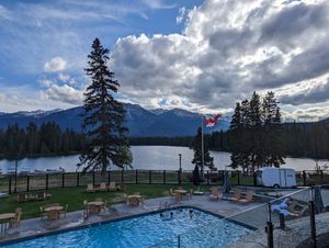 View from patio seating at The Great Hall & Emerald Lounge in Jasper