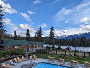 View from patio seating at The Great Hall & Emerald Lounge in Jasper