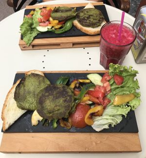 vegan burger and smoothie  at El Tropico in La Gomera