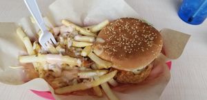 Spicy Chicken sandwich with animal kingdom fries. at House of Mexica in Reno