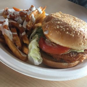 Spicy Chick’n Sandwich with Buffalo Fries at House of Mexica in Reno
