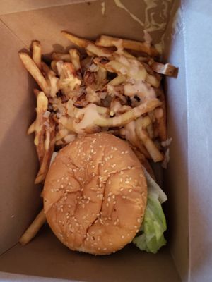 Spicy chicken sandwich and animal fries  at House of Mexica in Reno