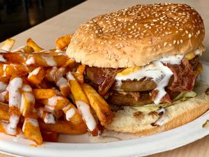 Bacon lord burger with buffalo fries at House of Mexica in Reno