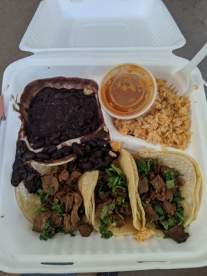 Asada tacos with rice and beans at House of Mexica in Reno