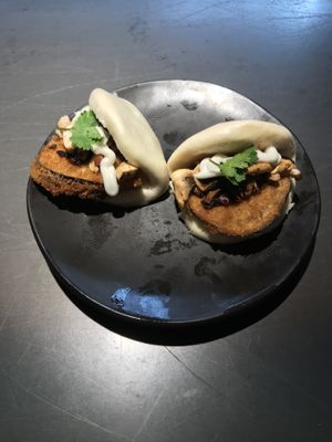 Panko coated aubergine & mixed mushroom bao buns. at Wagamama in Chichester