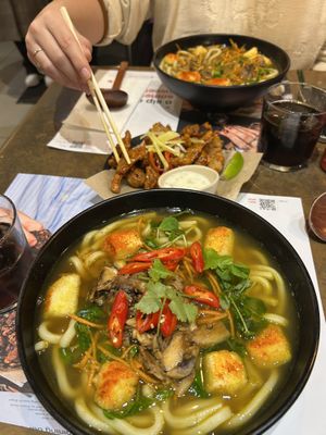 vegan ramen x2, vegan friend firecracker chicken  at Wagamama - Covent Garden in London