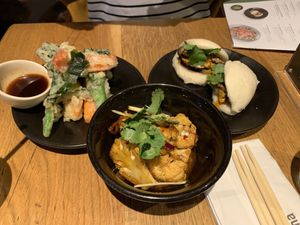 Vegetable tempura, Bang Bang Cauliflower, two fluffy asian buns stuffed with mixed mushrooms, coriander + vegan mayonnaise at Wagamama in Dorchester