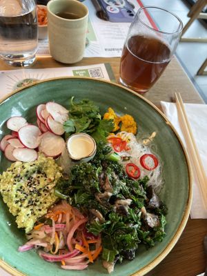 miso mixed veg hiyashi bowl with peach iced tea  at Wagamama in Exeter