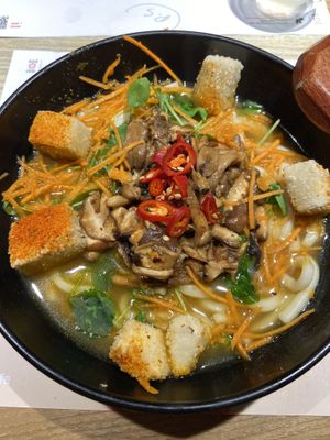 Vegan ramen (I forget what it was called on the menu but it was under the ramen section and had udon noodles)  at Wagamama in Exeter