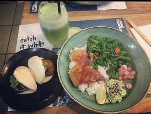 vegan suika tuna, positive juice and mixed mushroom and panko aubergine steamed buns at Wagamama - City Centre in Glasgow