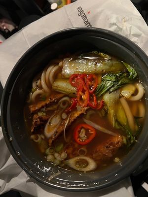 Sticky seitan Ribs in Ramen with udon noodles  at Wagamama - Great Marlborough in London
