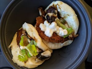 mixed mushrooms + panko aubergine hirata steamed buns at Wagamama in Livingston