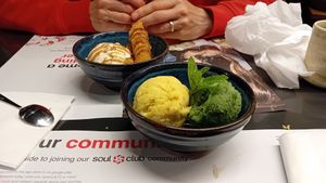 Banana fritter and vegan sorbets at Wagamama - St Peters Square in Manchester