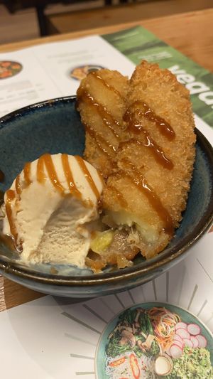 Banana fritter and ice cream  at Wagamama in Newport