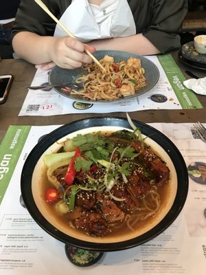 Spicy Vegan Short ‘Rib’ Ramen and Yaki Soba with extra tofu  at Wagamama in Oxford