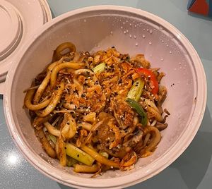 Vegan yaki soba with udon noodles  at Wagamama in Staines-upon-thames