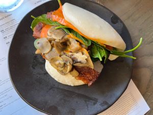 Vegan bacon + mushroom morning Bao   at Wagamama - Wimbledon in South West London