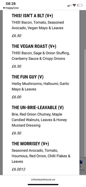 Veggie/Vegan menu as of Feb 2022  at The Steamhouse in Leamington Spa