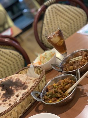 Curry set ¥1000 dinner (Roti, salad, masala curry and oolong tea) with extra vegetable curry serving ¥800 at Mirch Masala in Osaka