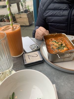 Aubergine & Courgette Lasagne and smoothie   at Pipoca Vegan in South West London