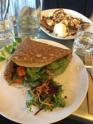 Savoury (foreground) and sweet (background) crepes at Pipoca Vegan in South West London