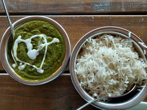 Palak Paneer (106 NAD) & Jeera Rice (60 NAD) at Garnish Indian Restaurant in Swakopmund