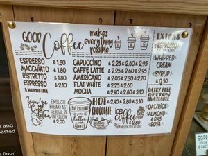 Hot drink menu with plant milks in bottom right of menu at Casella & Polegato in Perth