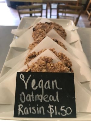 Many vegan options for ice cream and baked good daily. They also have a daily vegan soup option!

Shown: vegan oatmeal raisin  at The Blue Pig in Croton-on-hudson