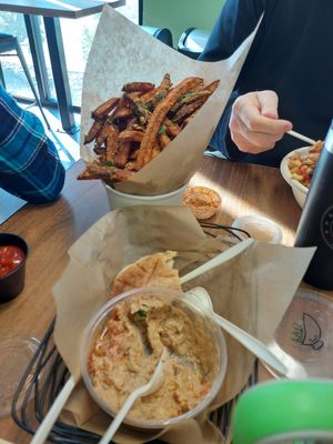 Sweet potato fries with orange tomato sauce for dipping. Babaganoush at POTs - Cloud Kitchen in Las Vegas