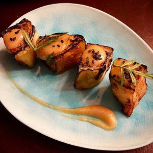 Aubergine, den miso glaze and black sesame. at Stokey Veg Vegan in North London